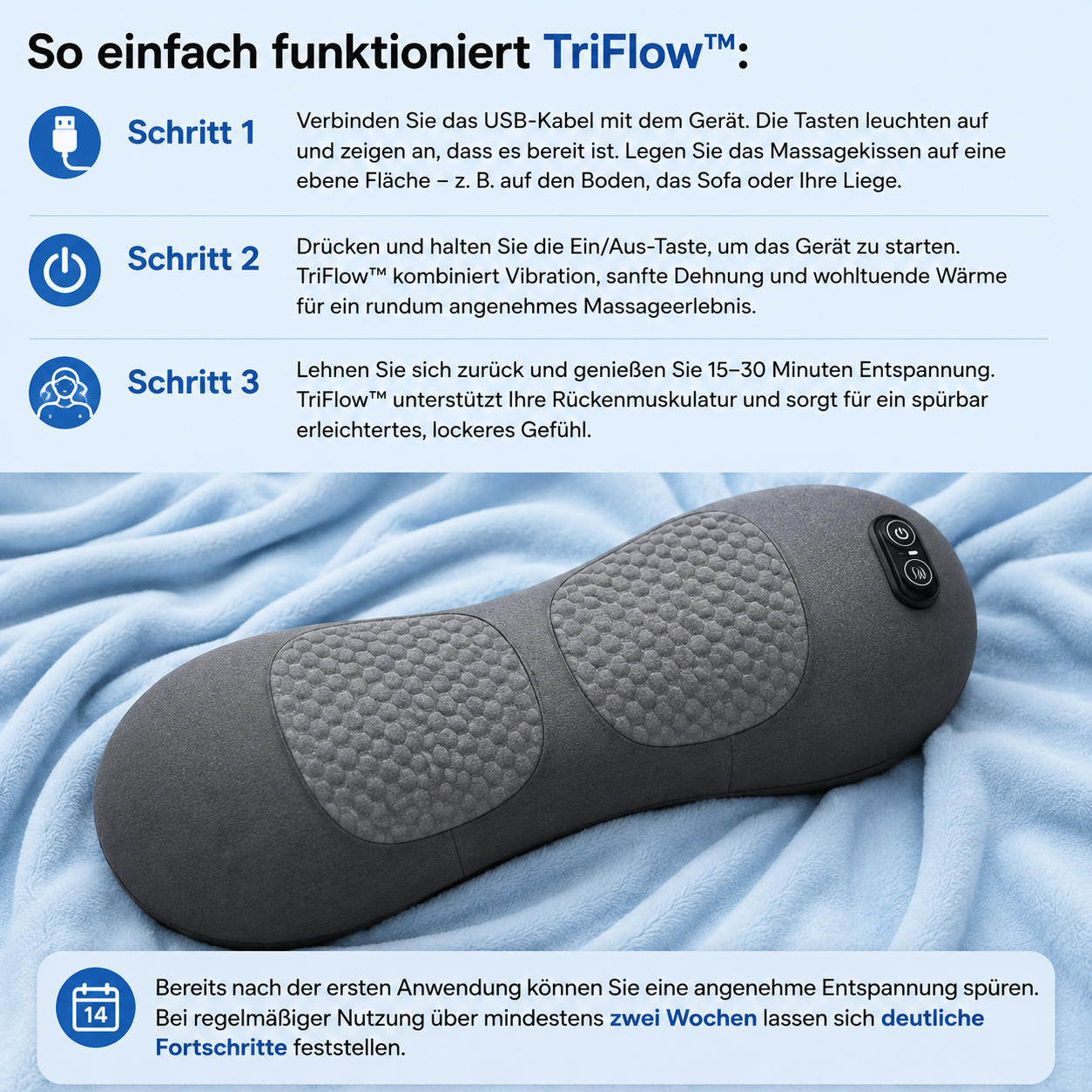 Frau liegt entspannt auf dem Tanui Triflow Massagekissen zur Traktions-Therapie