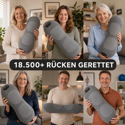 Frau entspannt mit dem Tanui Triflow Massagekissen im unteren Rücken