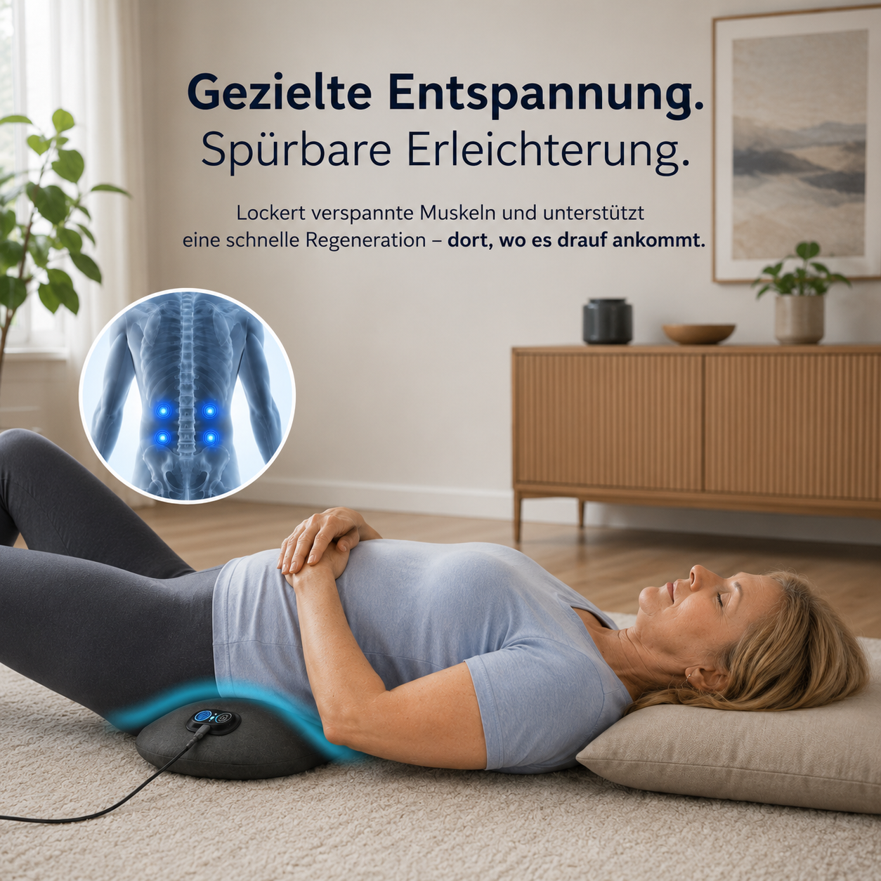 Ältere Frau mit dem Tanui Triflow Massagekissen in der Küche