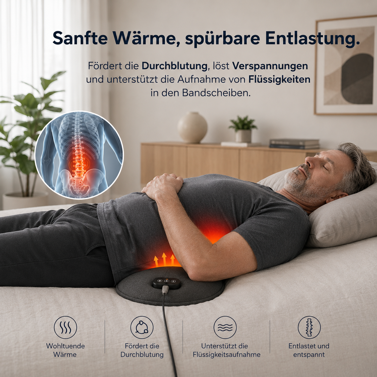 Ältere Frau hält das Tanui Triflow Massagekissen im Wohnzimmer
