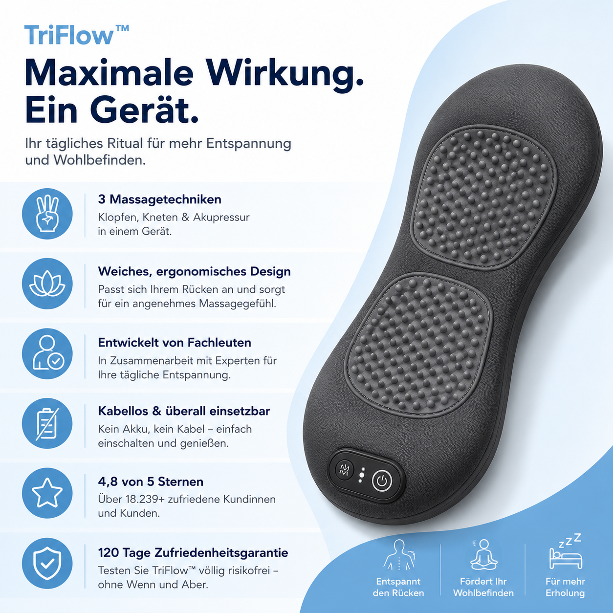 Tanui Triflow Massagekissen als Lendenwirbelstütze beim Sitzen am Schreibtisch