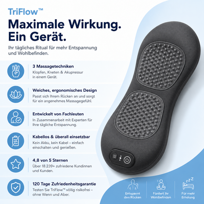 Tanui Triflow Massagekissen als Lendenwirbelstütze beim Sitzen am Schreibtisch